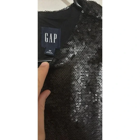 Gap Women's Black Sequin Dress Size Medium Short Sleeve Knee Length Party - Picture 2 of 5